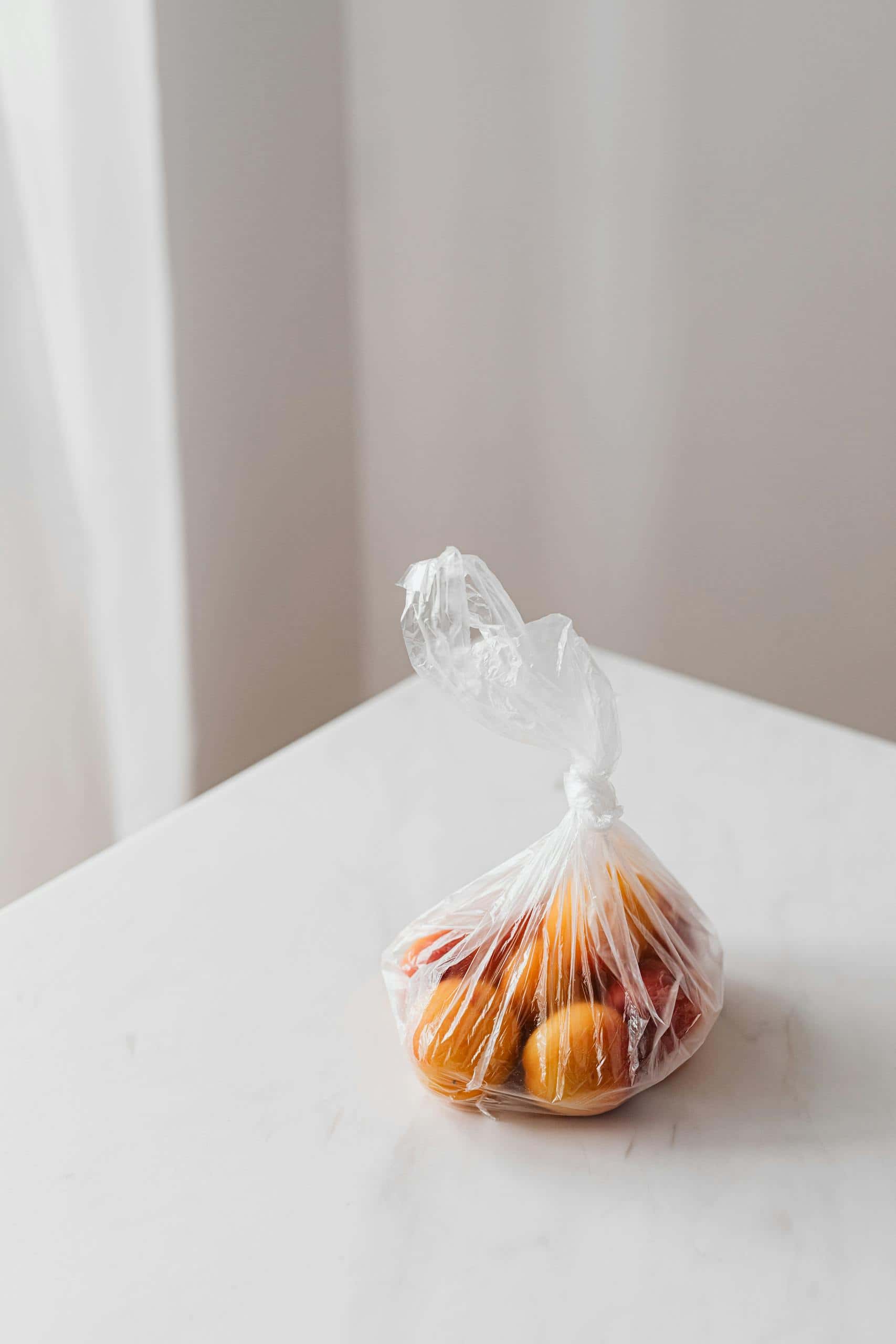 plastic bag placed on white table