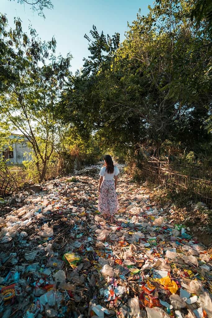 Woman Standing on a Pile of Garbage Near Trees